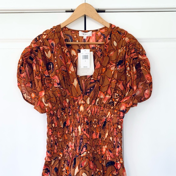 ALC Lucia Smocked Midi Dress Block Print Cotton Sundress Fit & Flare NEW Size 0 - Picture 4 of 9